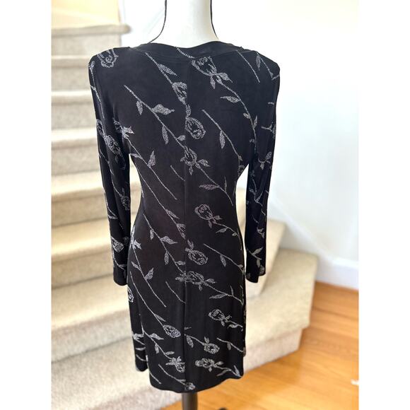 Vintage Y2K 90s Ronni Nicole Black Ribbed Sparkly Glitter Silver Rose Dress - Picture 5 of 8